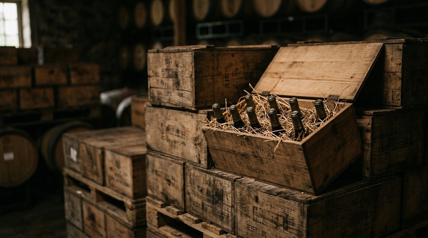 Cases of wine stacked in the warehouse