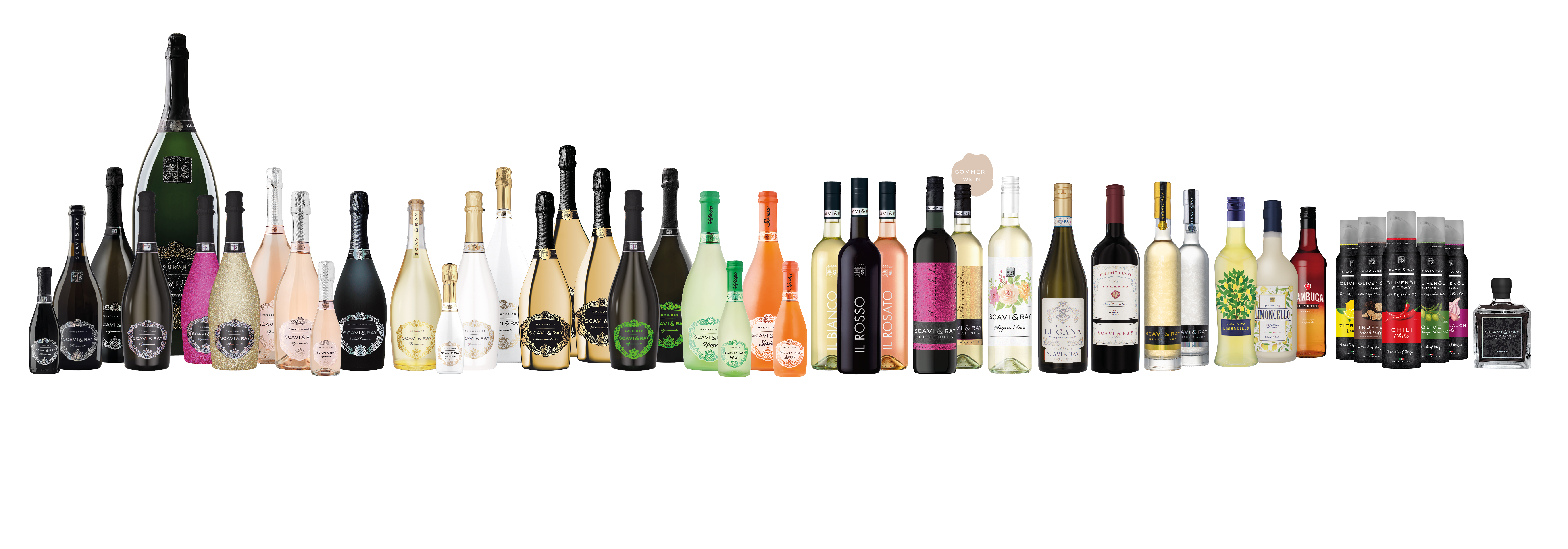 A vibrant collection of twenty-four premium beverage bottles, showcasing a variety of colors and labels, arranged in a row against a white background.